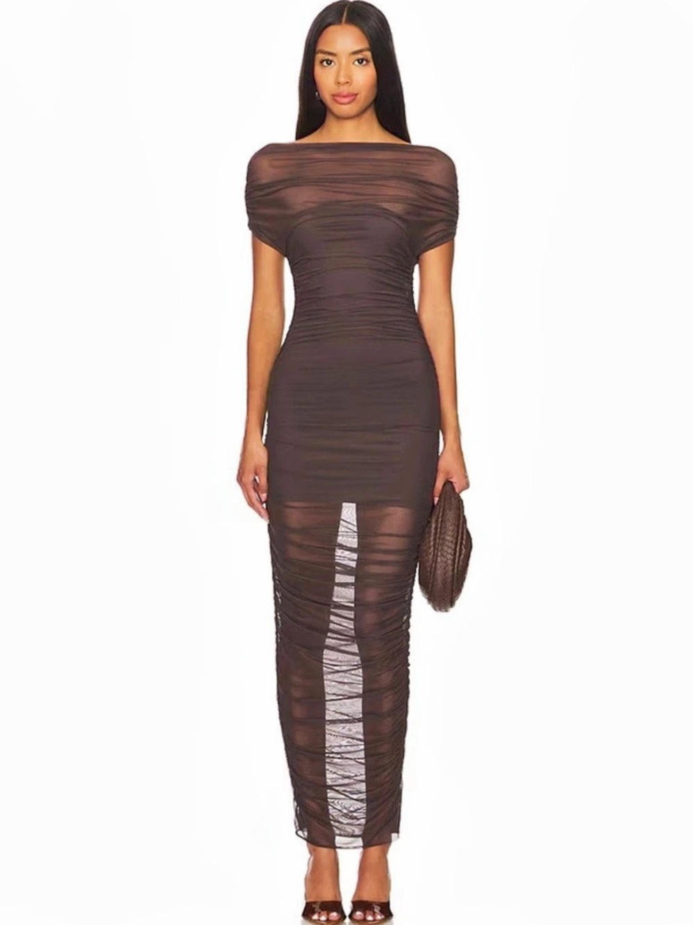 Seroya Off Shoulder Mesh Midi Dress - Brown